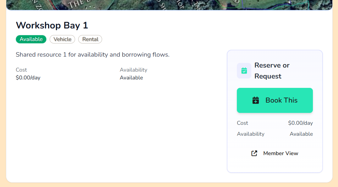 Public resource detail with booking calendar