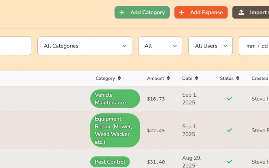 Expense list with categories and import button