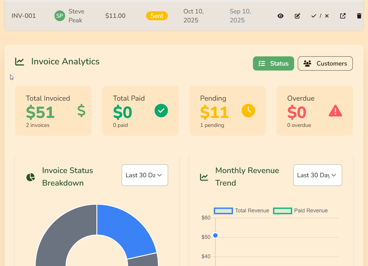 Invoice list or dashboard with status badges and totals