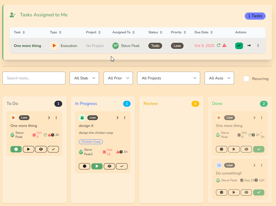 Kanban board with draggable task cards by status