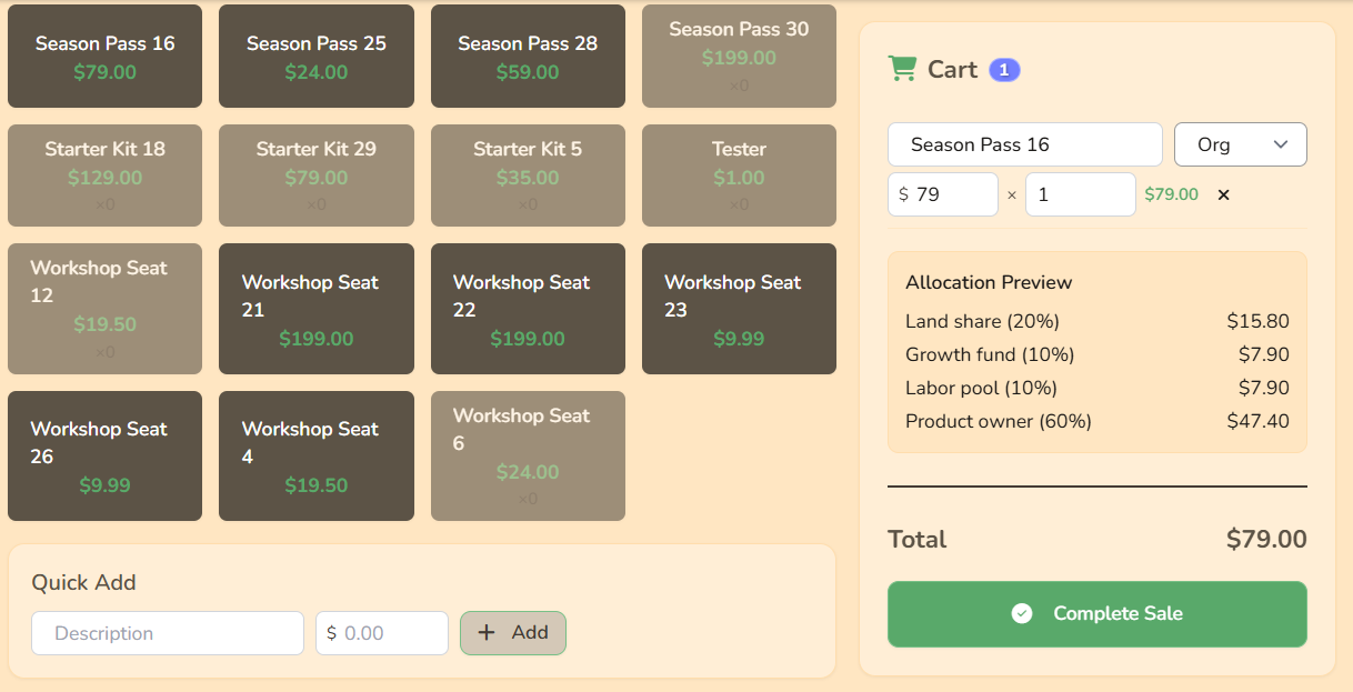 POS screen with product grid, cart, and allocation preview
