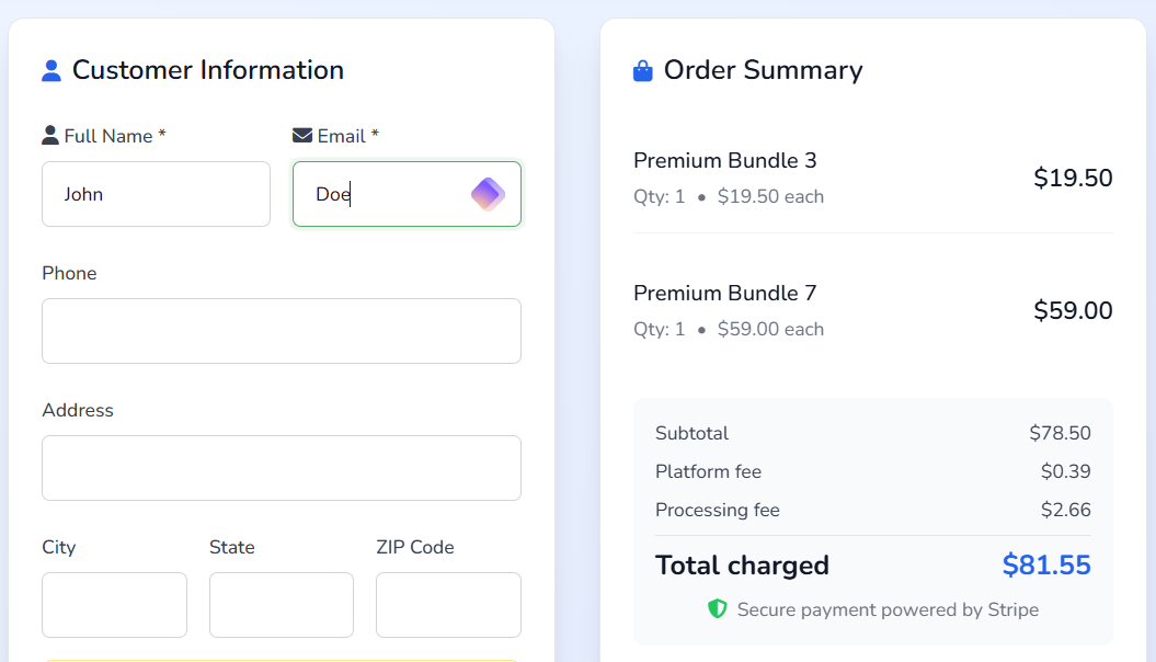 Public store page with product grid and cart modal
