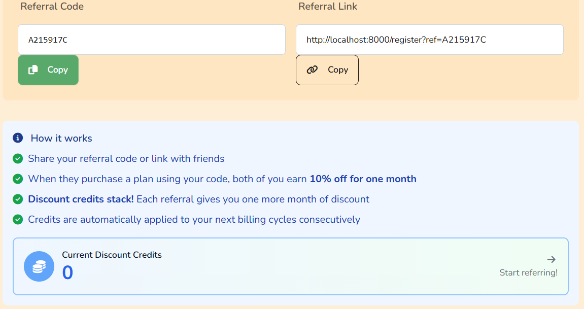 Referrals page with shareable link and stats
