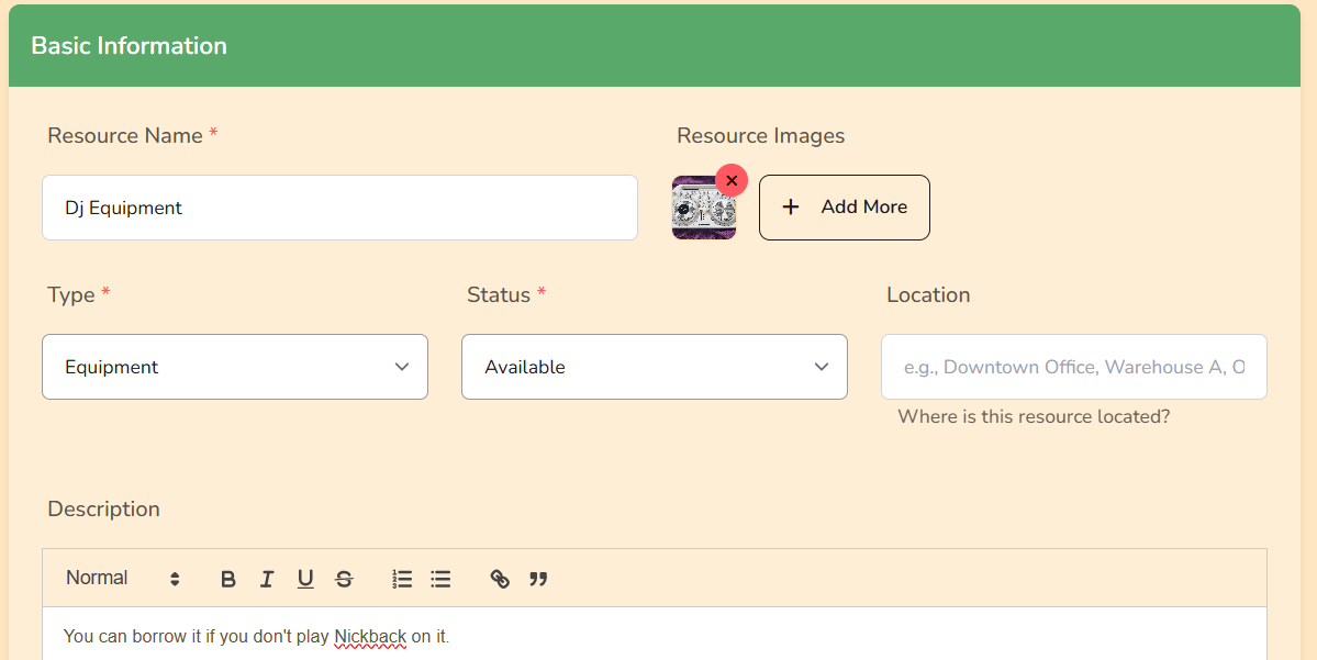 Resource creation form with availability and pricing
