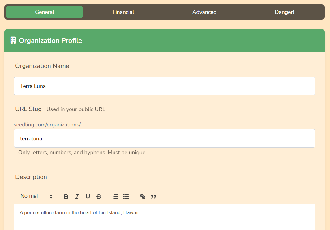 Settings General tab with organization name, logo upload, and work type tag editor