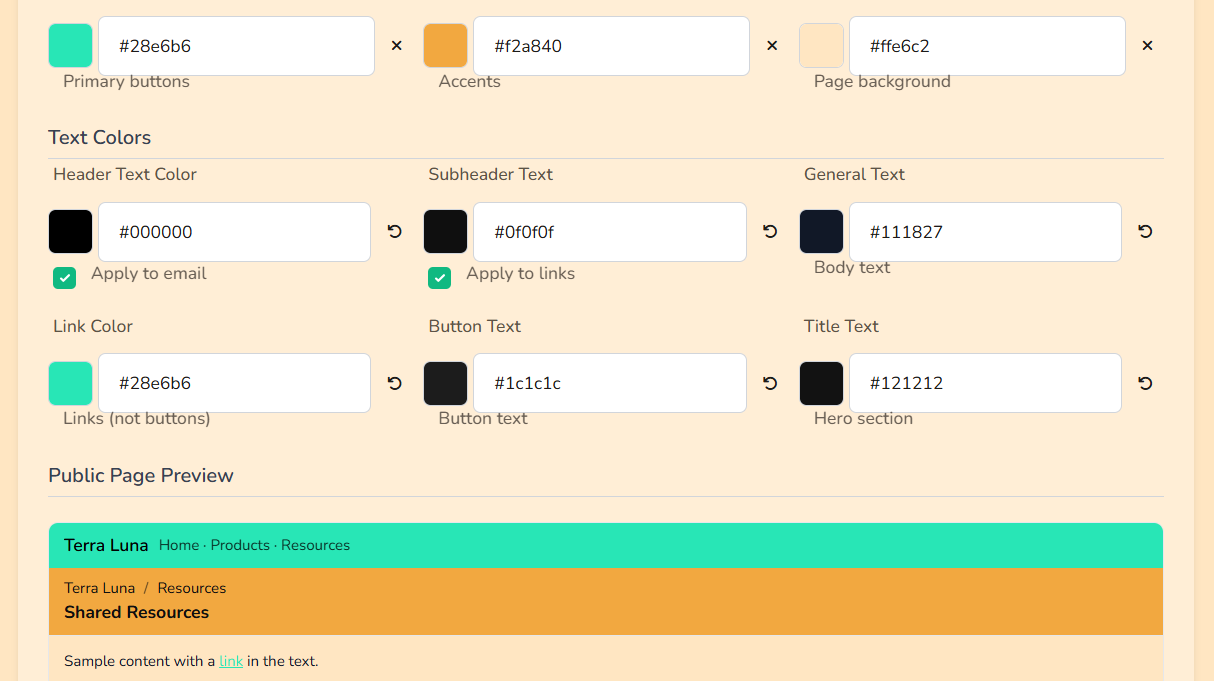 Public page color pickers and header display toggles