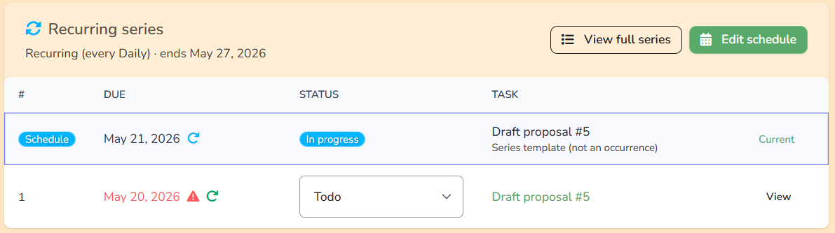 Task detail showing recurring series table with past and future occurrences